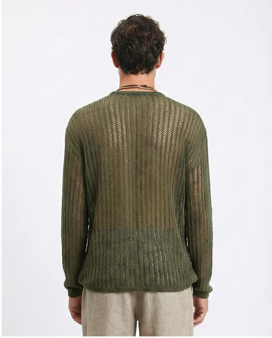 R207761 - Long Sleeves Perforated Knitted Pullover - Dark Olive - Image 2