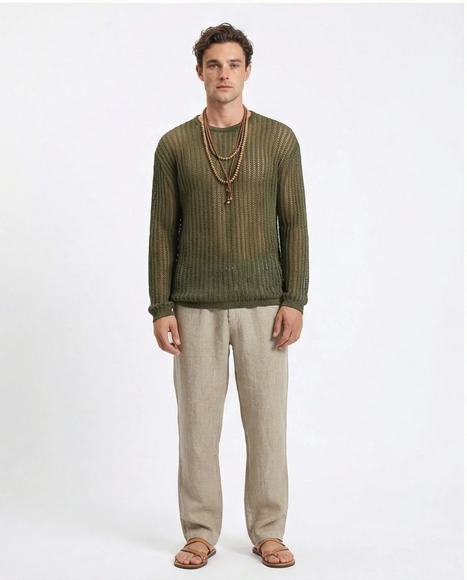 R207761 - Long Sleeves Perforated Knitted Pullover - Dark Olive - Image 4
