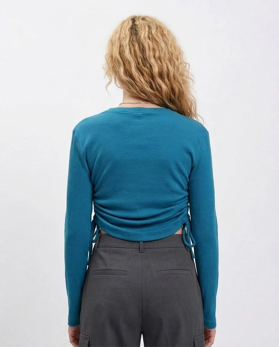 R215793 - Long Sleeves Ribbed Top with Drawstring - Blue - Image 2