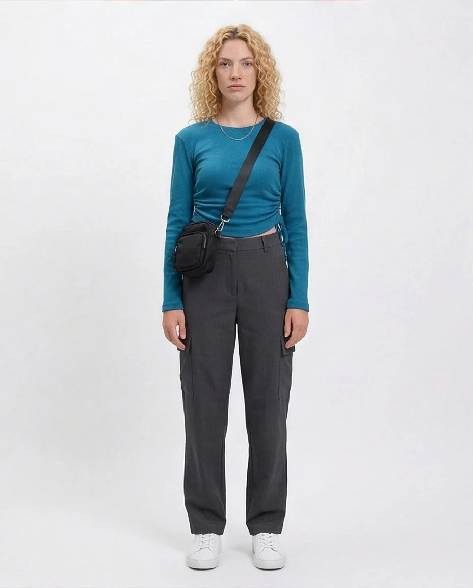R215793 - Long Sleeves Ribbed Top with Drawstring - Blue - Image 4