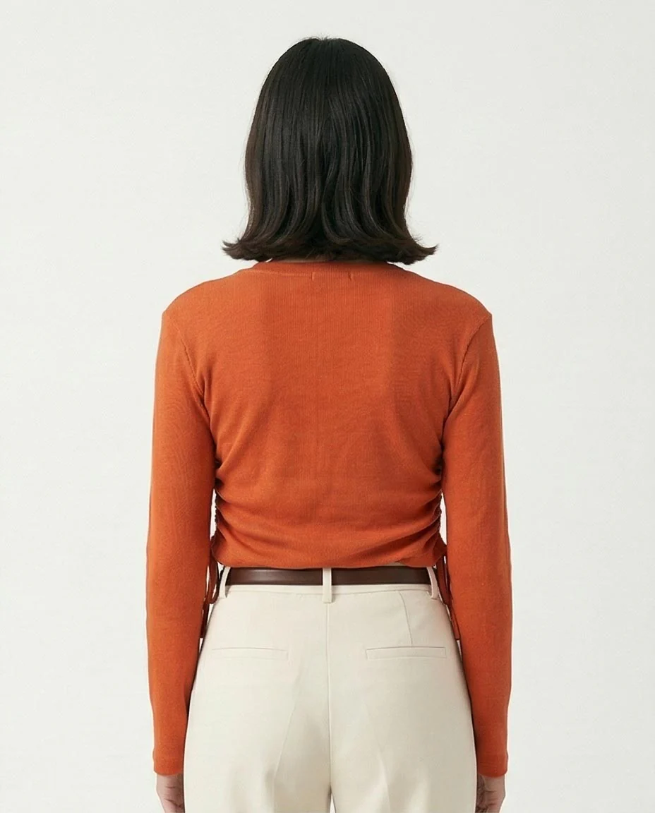 R215791 - Long Sleeves Ribbed Top with Drawstring - Dark Orange - Image 2