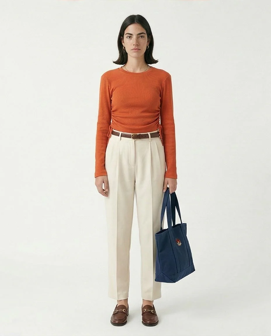 R215791 - Long Sleeves Ribbed Top with Drawstring - Dark Orange - Image 4