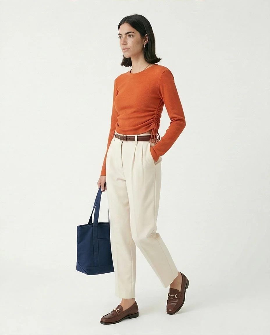 R215791 - Long Sleeves Ribbed Top with Drawstring - Dark Orange - Image 5