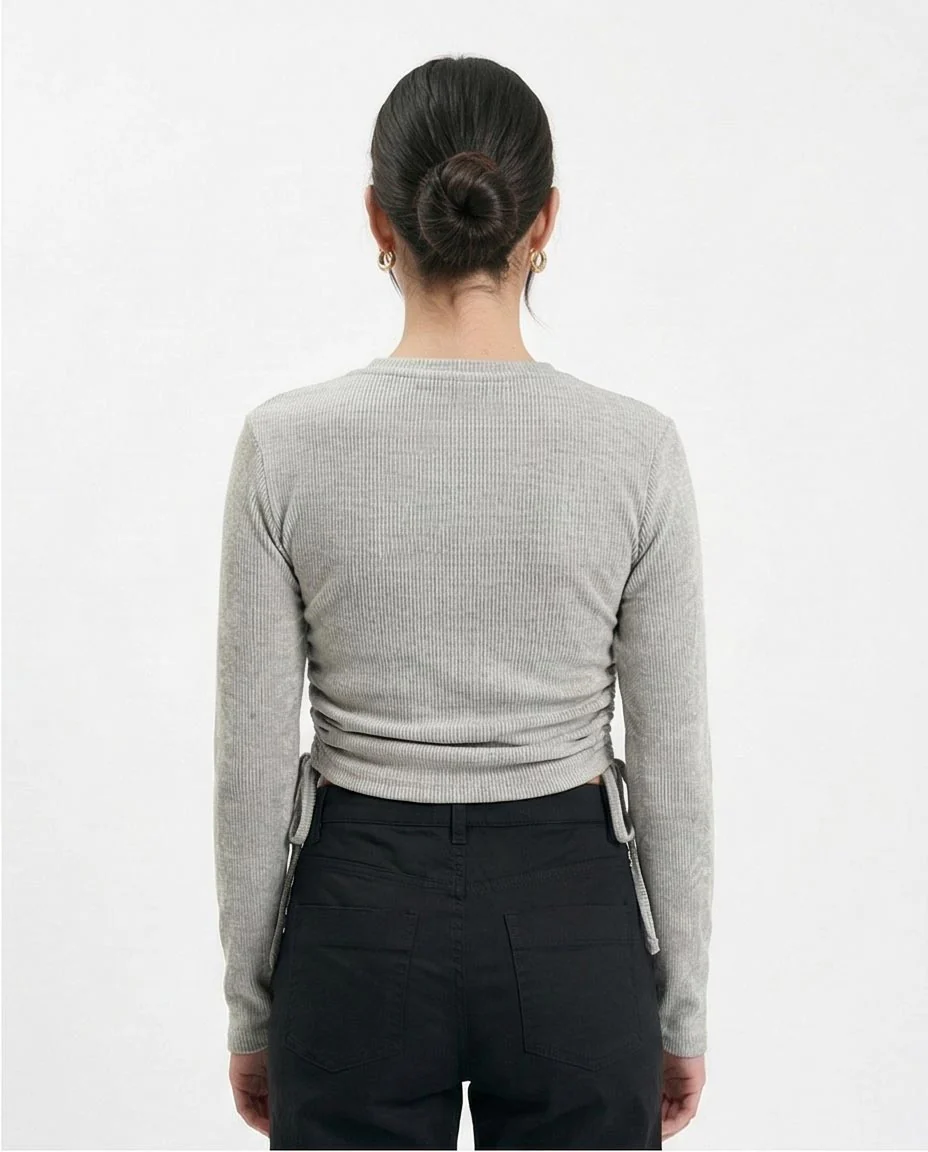 R215788 - Long Sleeves Ribbed Top with Drawstring - Grey - Image 2