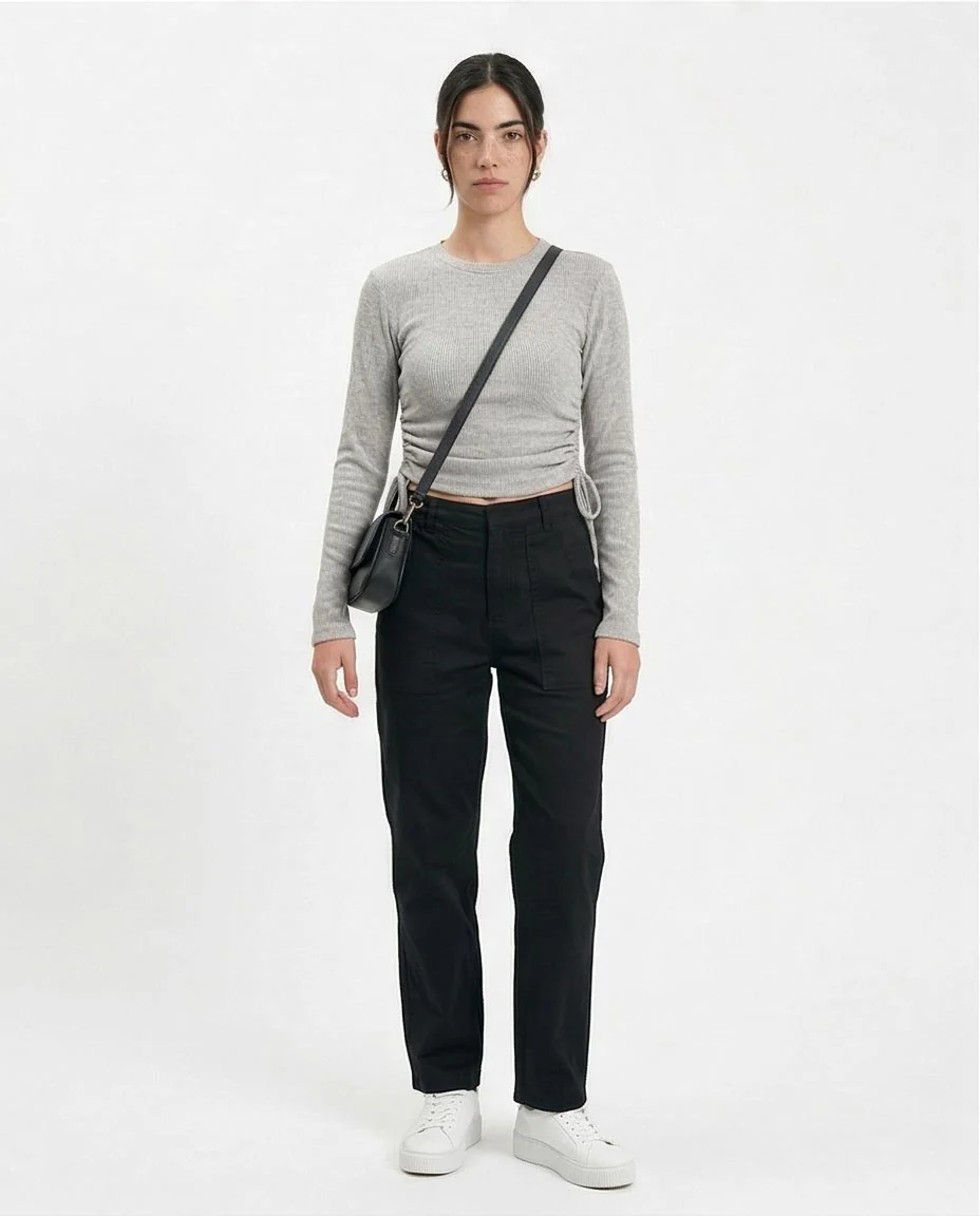 R215788 - Long Sleeves Ribbed Top with Drawstring - Grey - Image 4