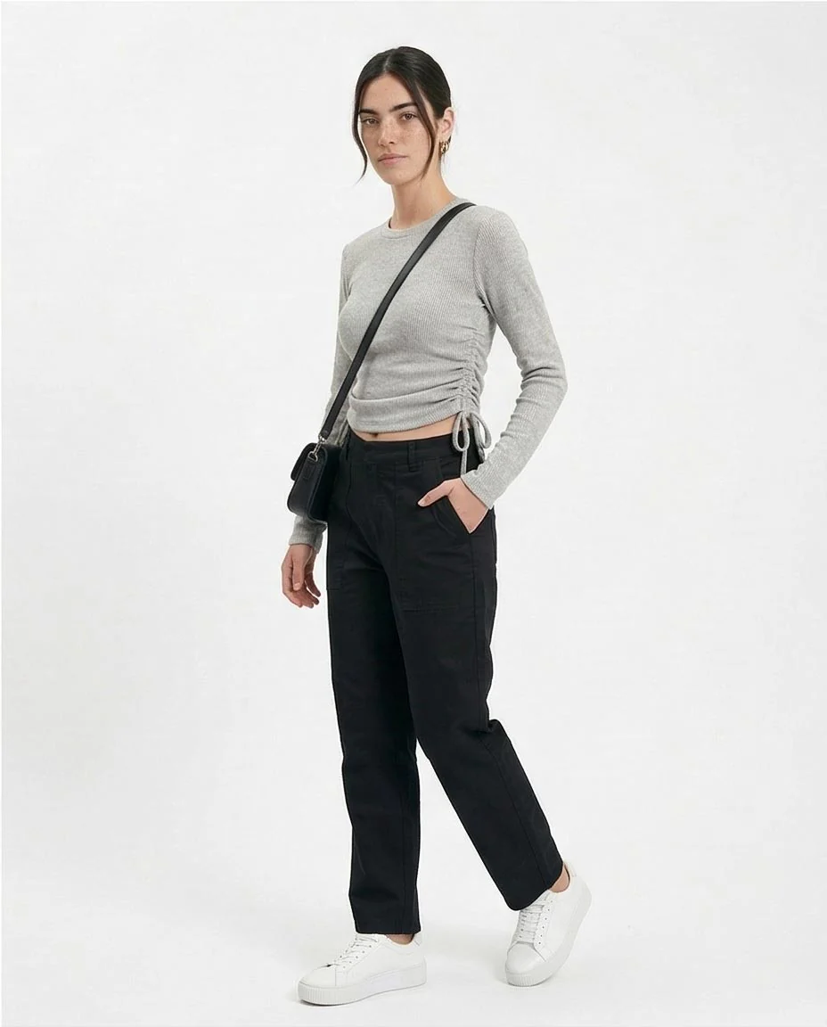R215788 - Long Sleeves Ribbed Top with Drawstring - Grey - Image 5