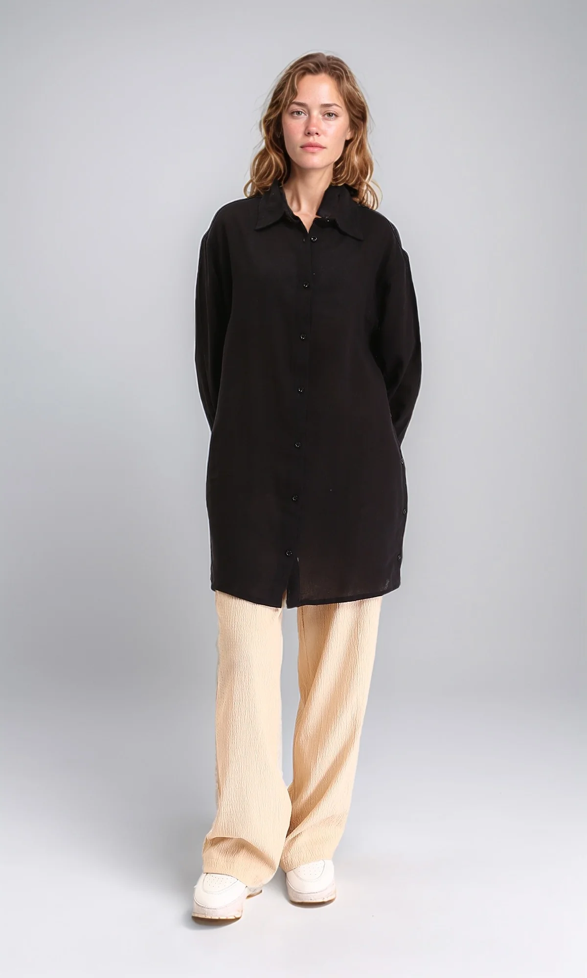 R206363 - Long Sleeves Solid Relaxed Long Shirt - Black - Image 4