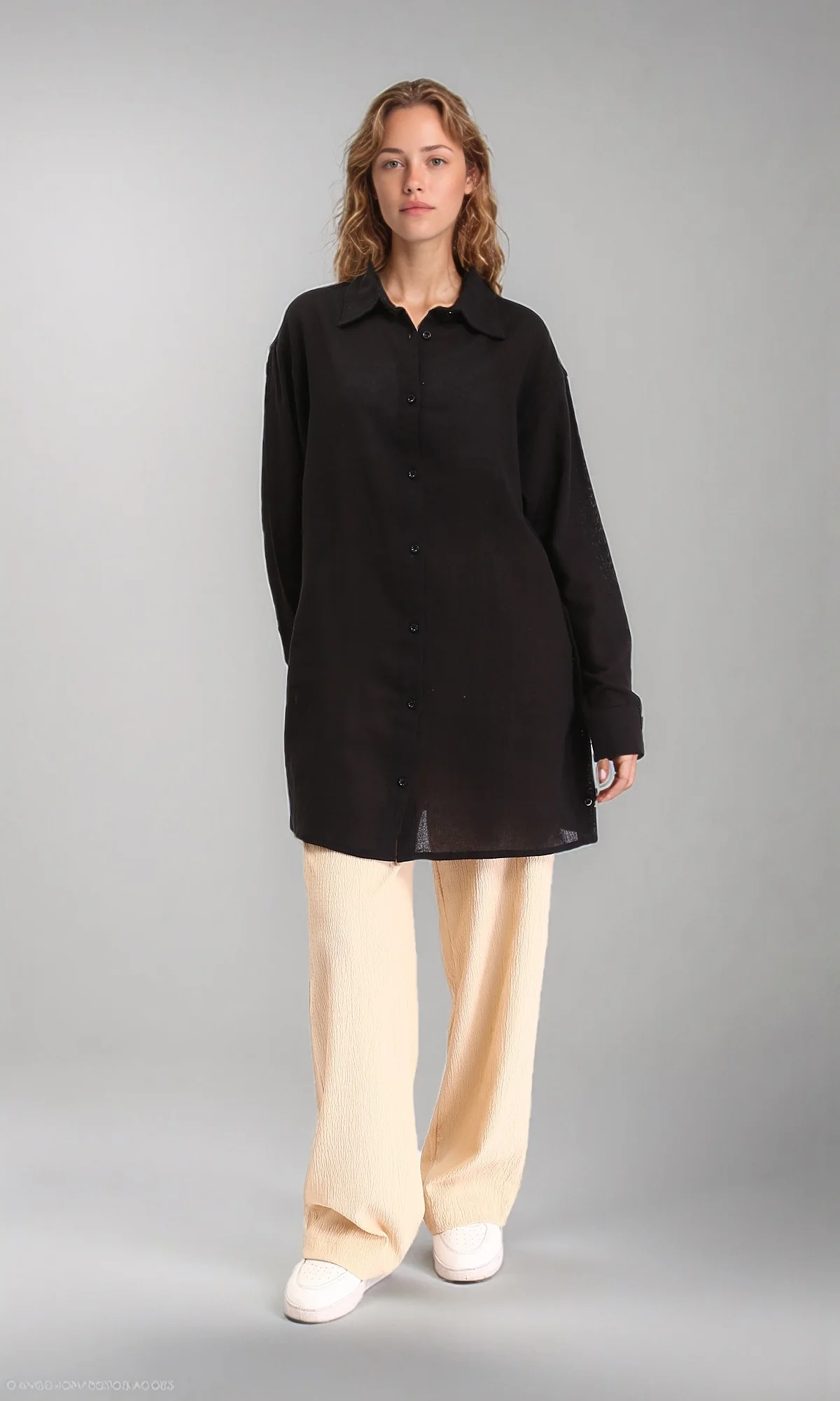 R206363 - Long Sleeves Solid Relaxed Long Shirt - Black - Image 5