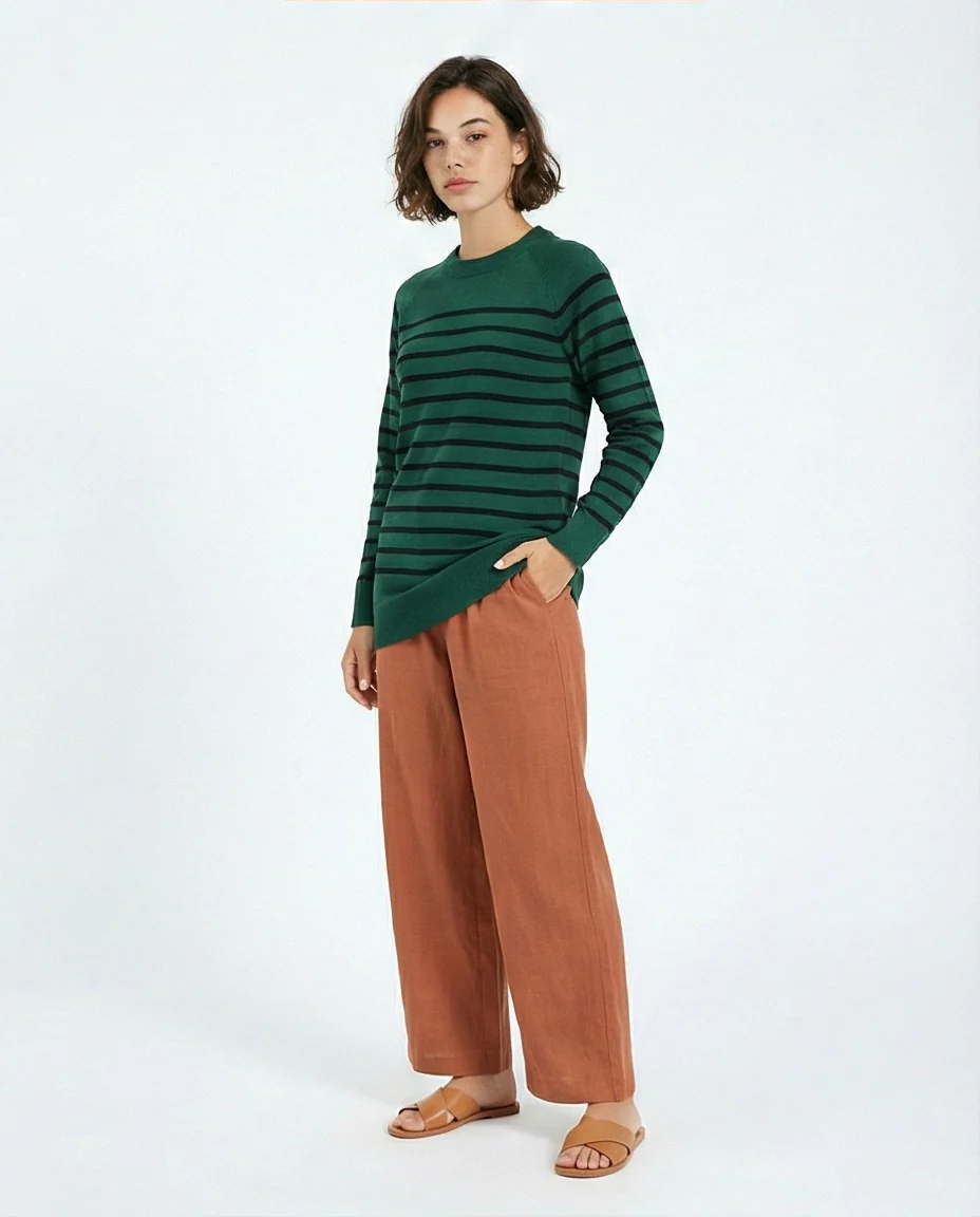 R214323 - Long Sleeves Striped Long Pullover - Dark Green & Black - Image 5