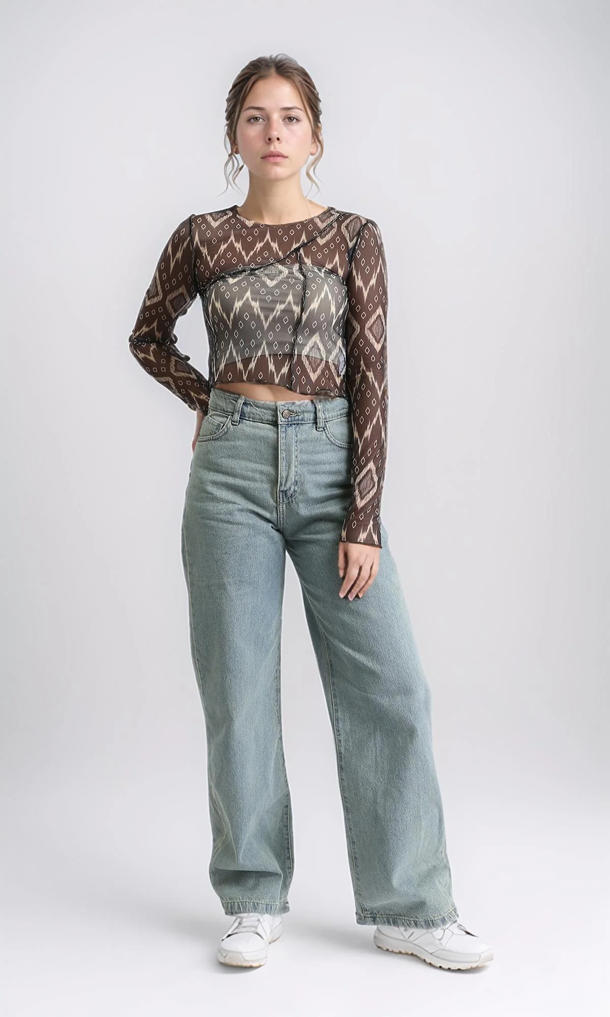 R209252 - Long Sleeves Summer Patterned Sheer Top - Black - Image 4