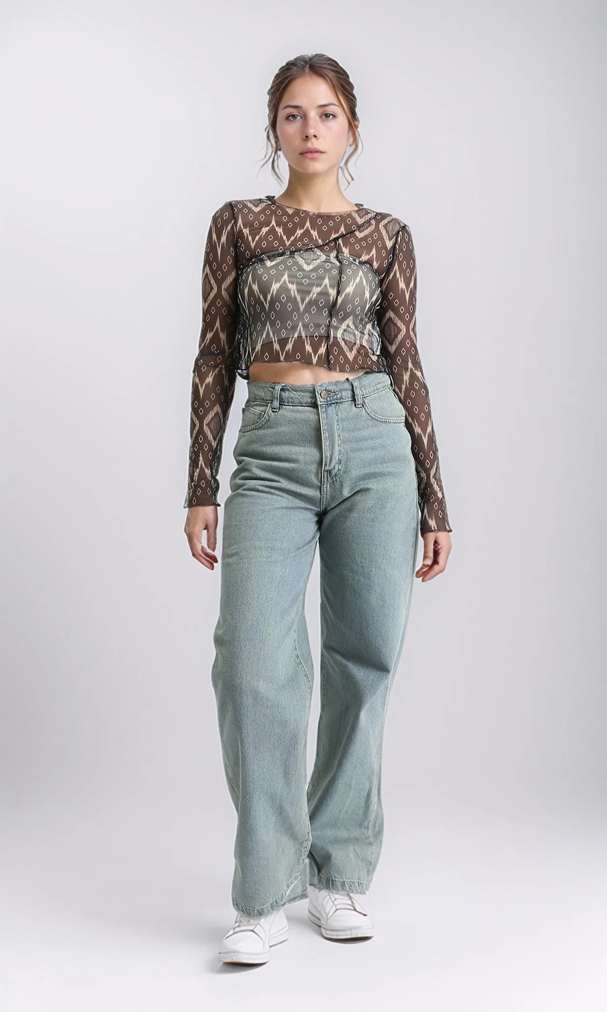 R209252 - Long Sleeves Summer Patterned Sheer Top - Black - Image 5