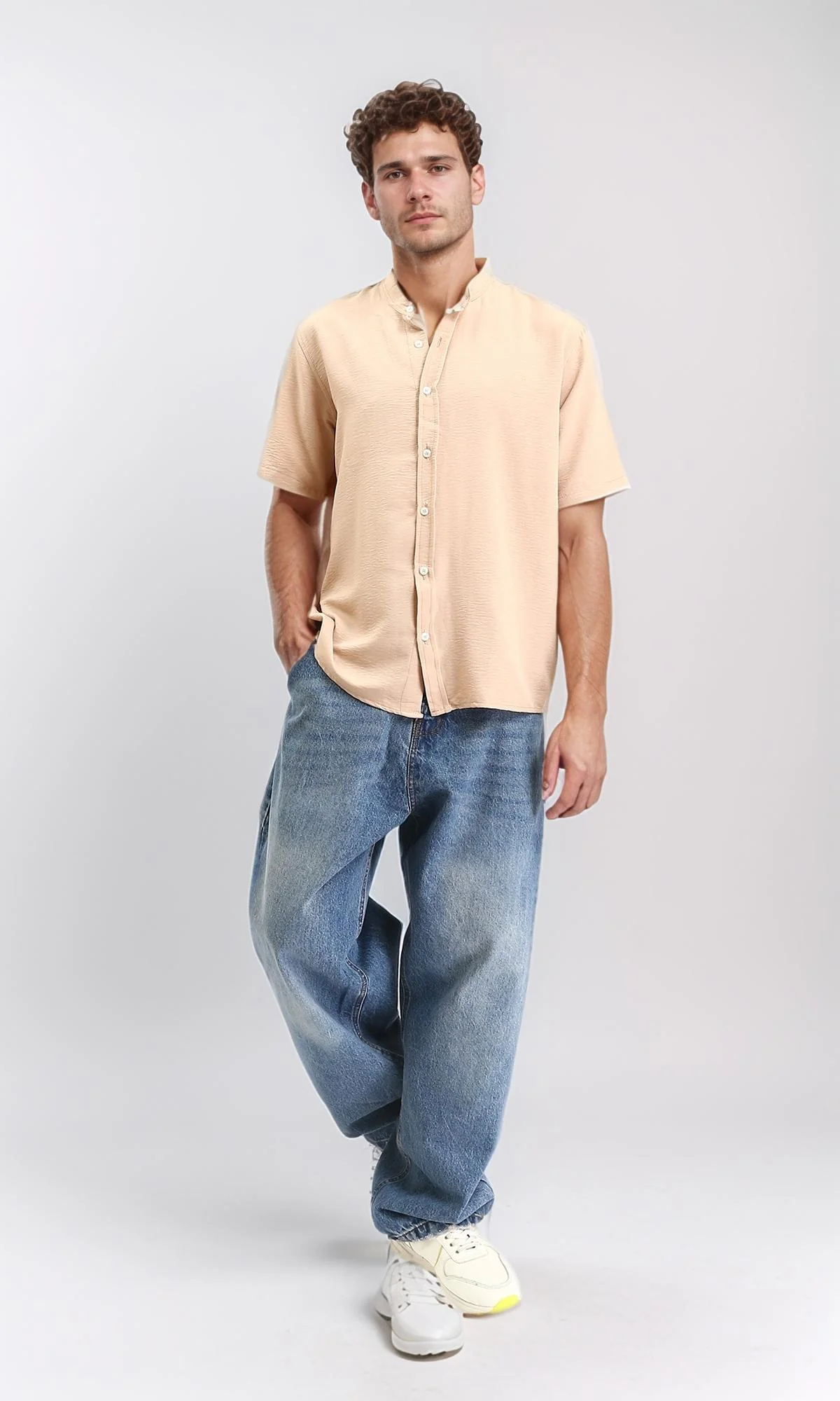 R208618 - Mandarin Collar Short Sleeves Shirt - Dark Nude - Image 3