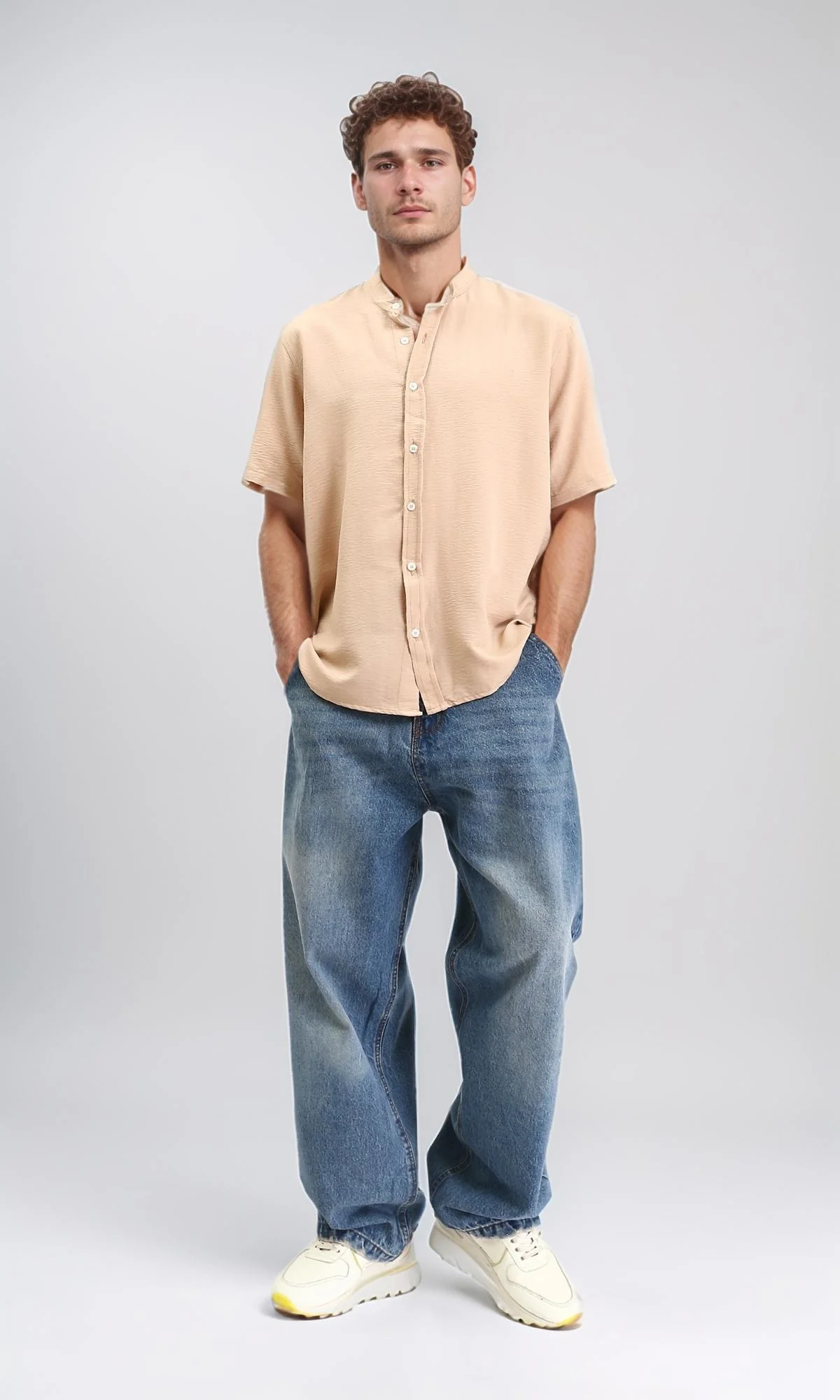 R208618 - Mandarin Collar Short Sleeves Shirt - Dark Nude - Image 4