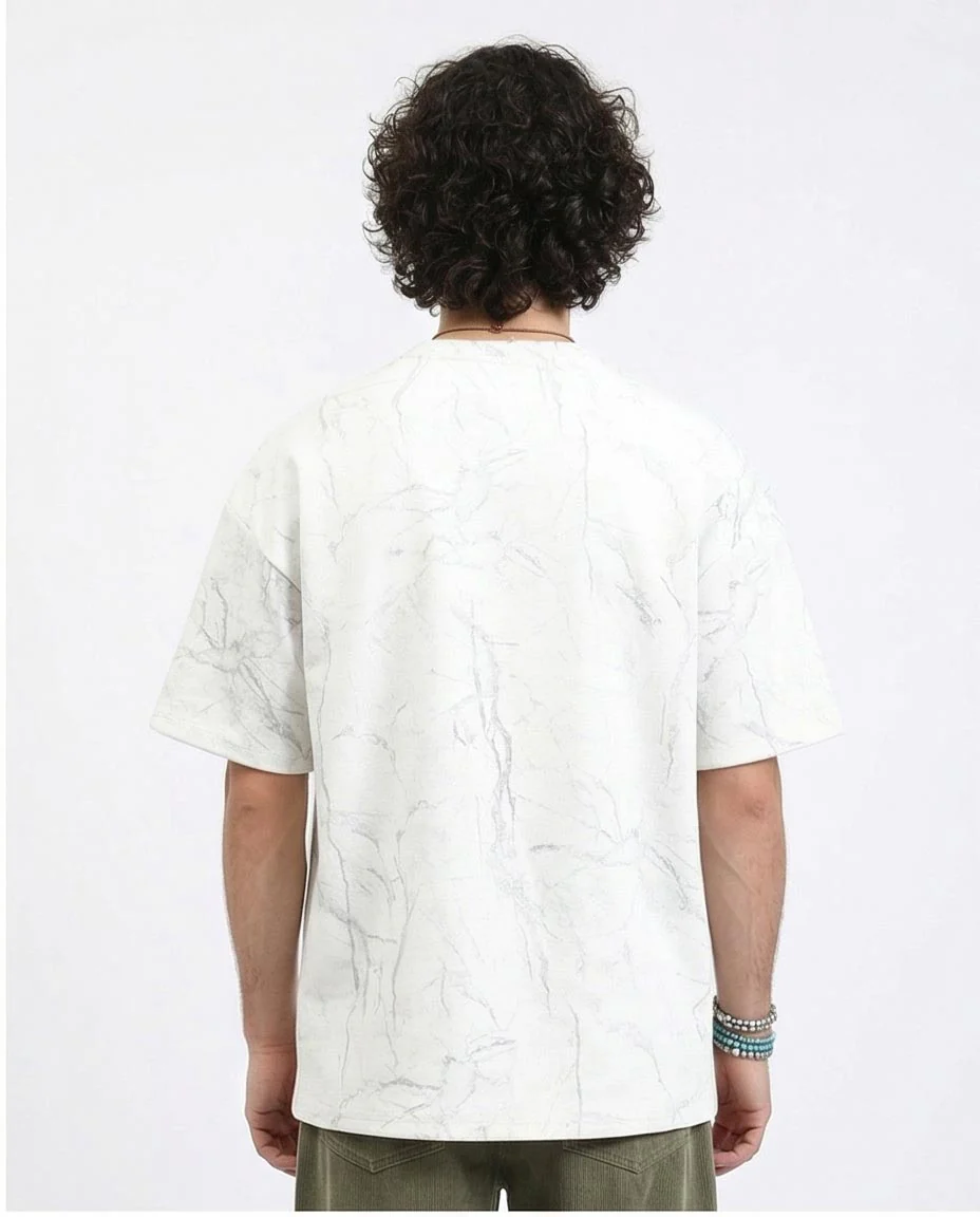 Ravin Marble-Print Oversized Boxy T-Shirt – White/Grey - White & Grey - R209089 - Image 2