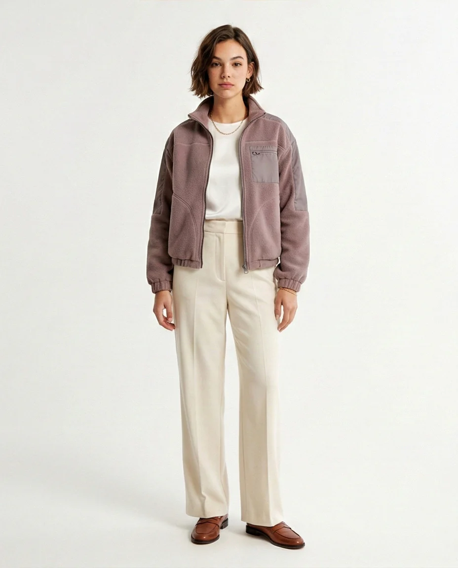 Mauve Color-Blocked Fleece Zip-Up Jacket - O200771 - Image 3