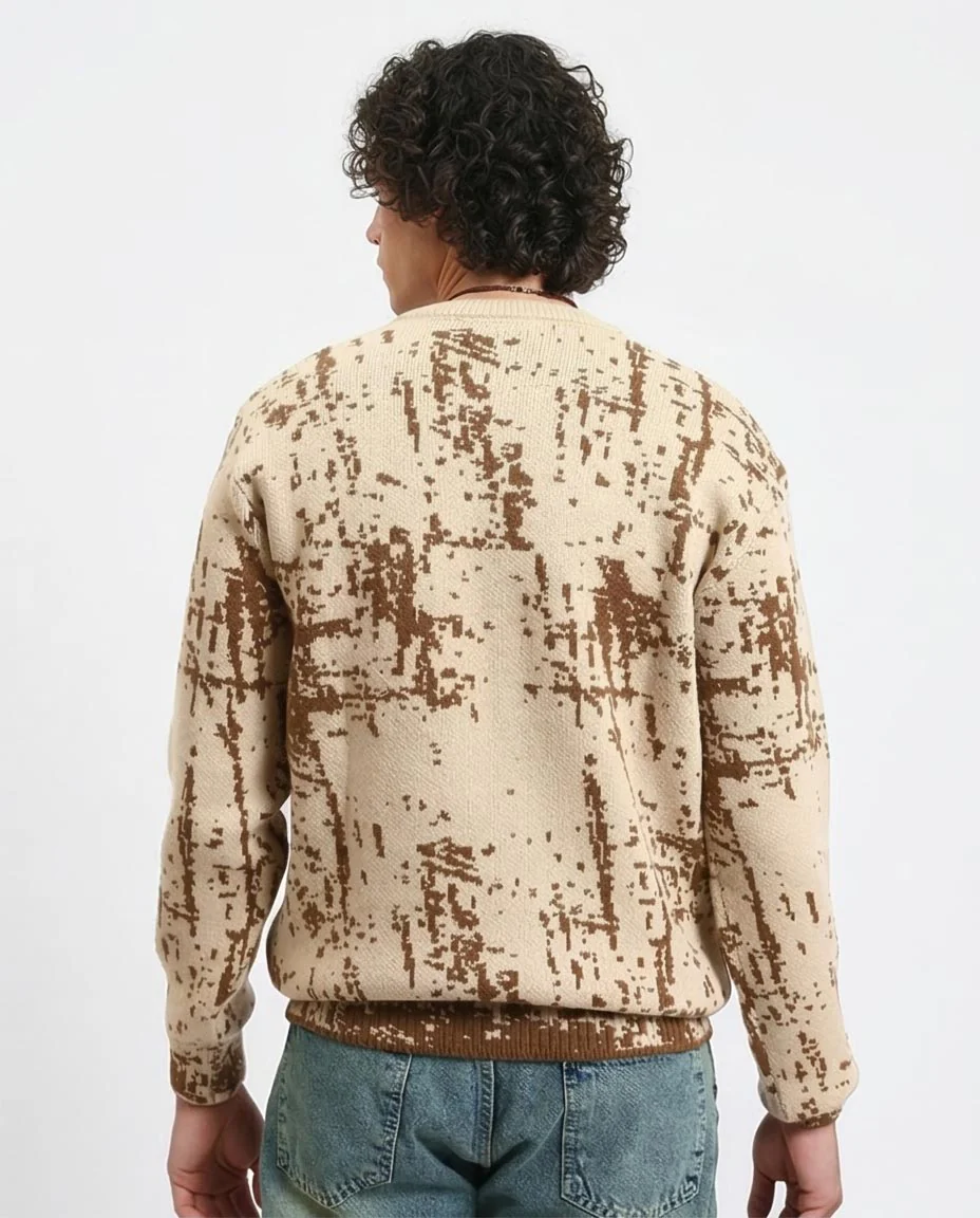 Ravin Men’s Abstract Jacquard Knit Crewneck Sweater – Cream & Earth-Tone Brown - R214475 - Image 2