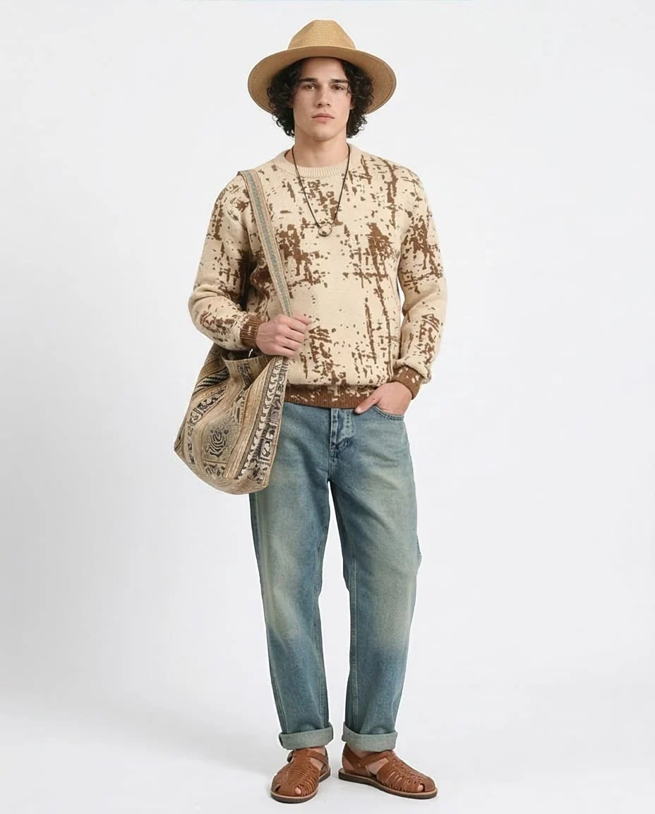Ravin Men’s Abstract Jacquard Knit Crewneck Sweater – Cream & Earth-Tone Brown - R214475 - Image 3