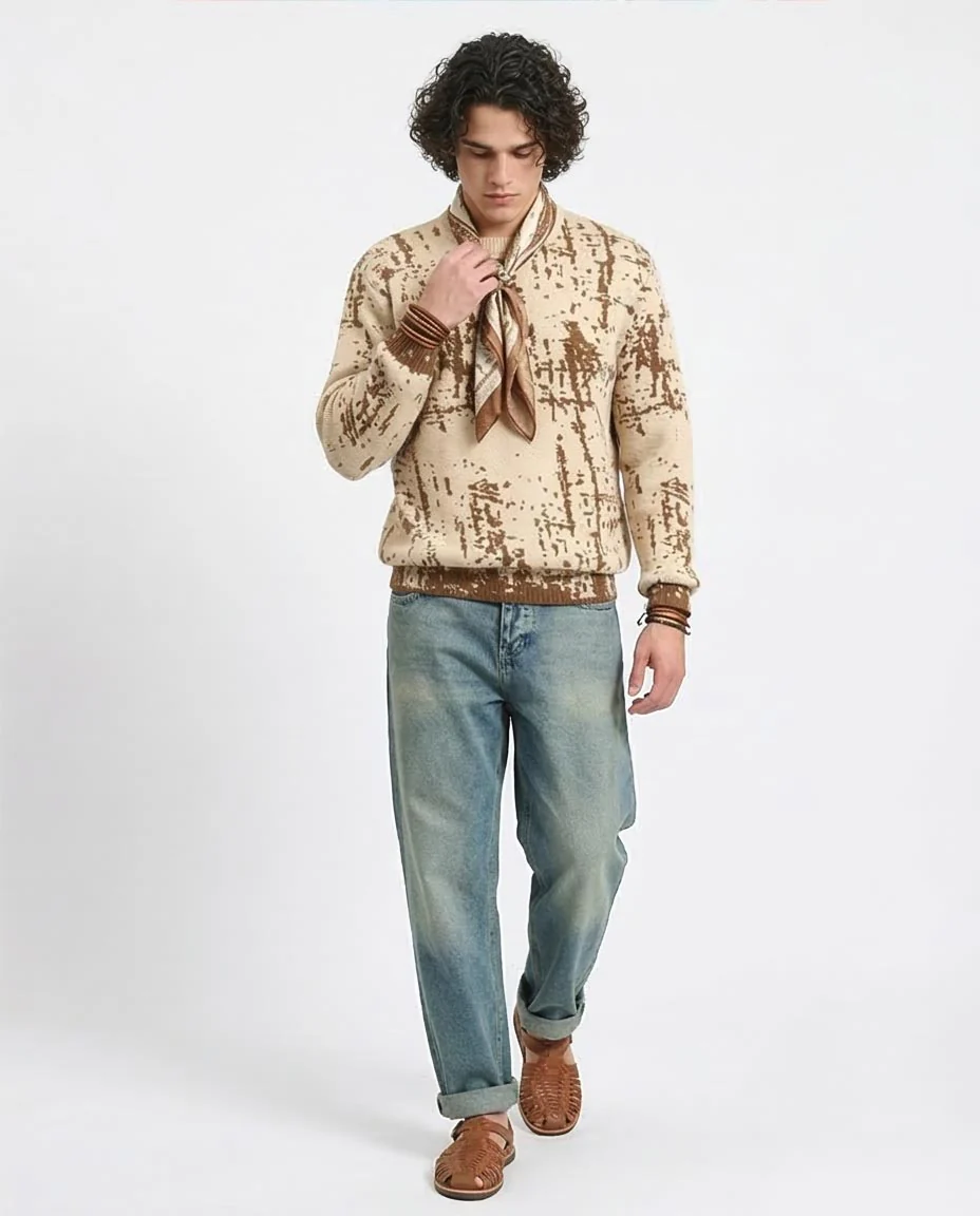 Ravin Men’s Abstract Jacquard Knit Crewneck Sweater – Cream & Earth-Tone Brown - R214475 - Image 5