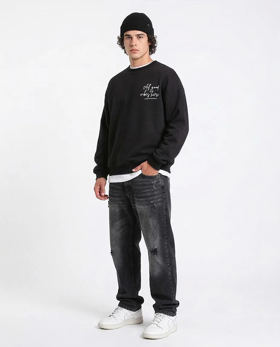Ravin | Men’s "All Good Vibes" Oversized Graphic Sweatshirt - Black - R212205 - Image 3