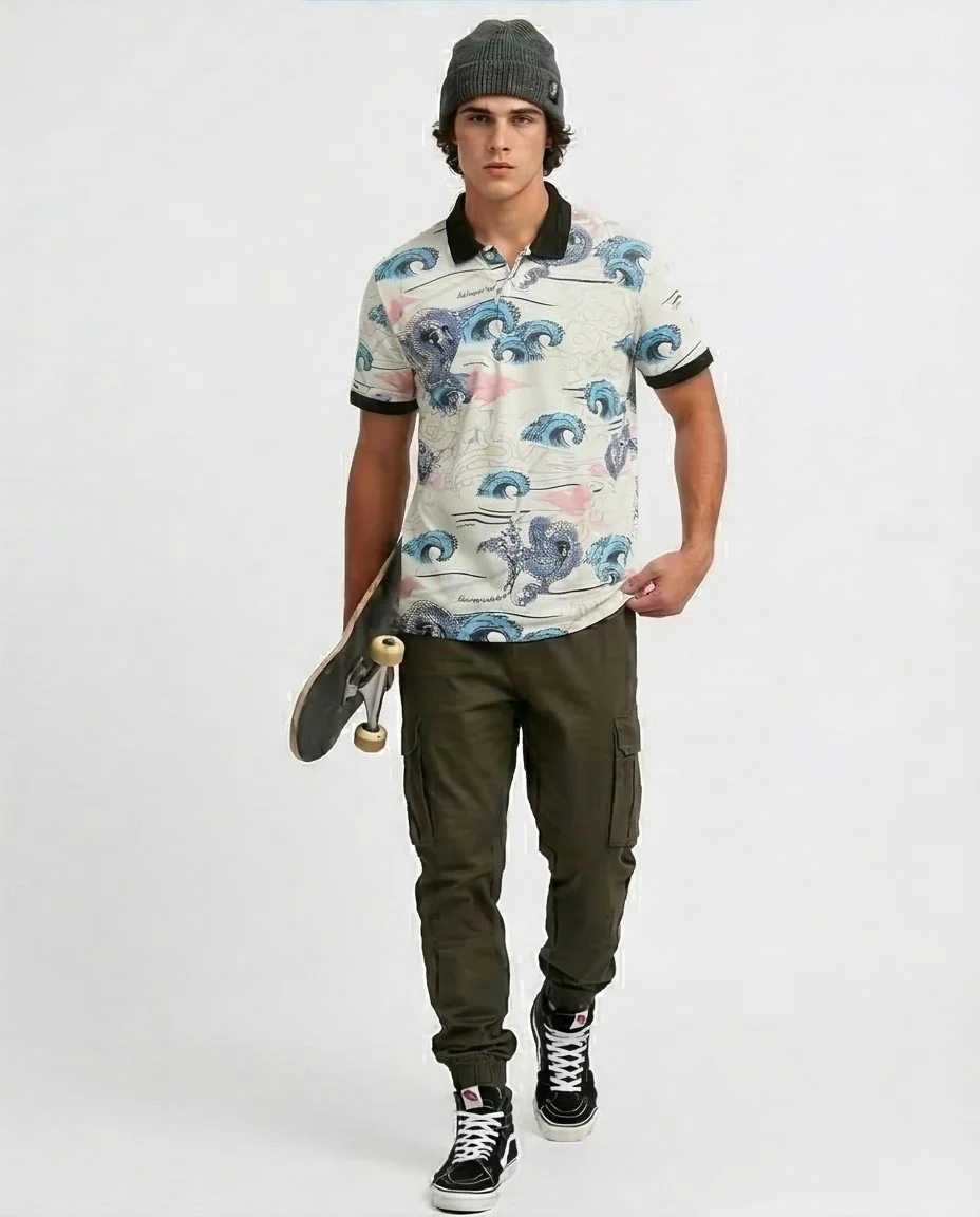 Men's All-Over Oriental Wave Print Polo - O198431 - Image 5