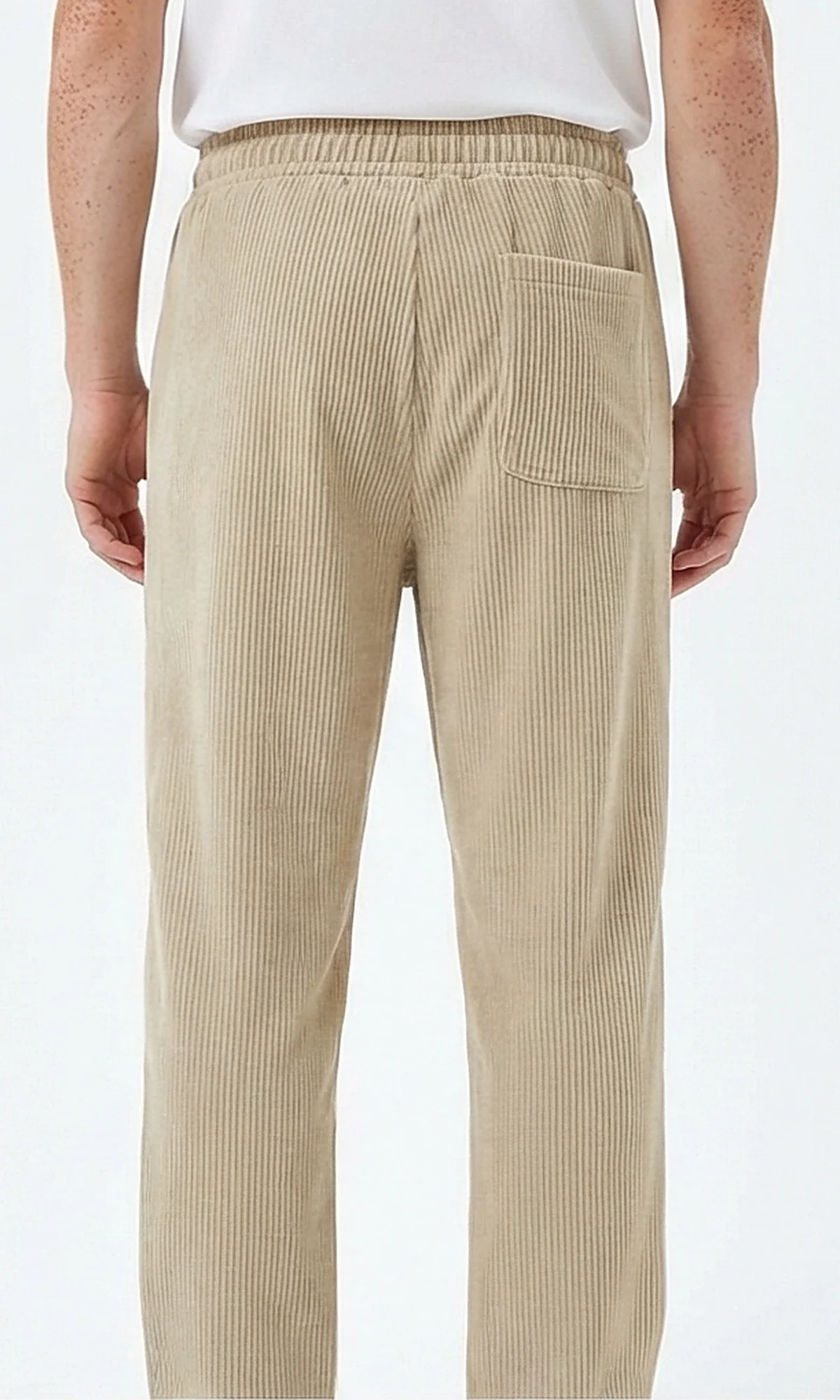 Beige Ribbed Elastic-Waist Casual Trousers - Image 2