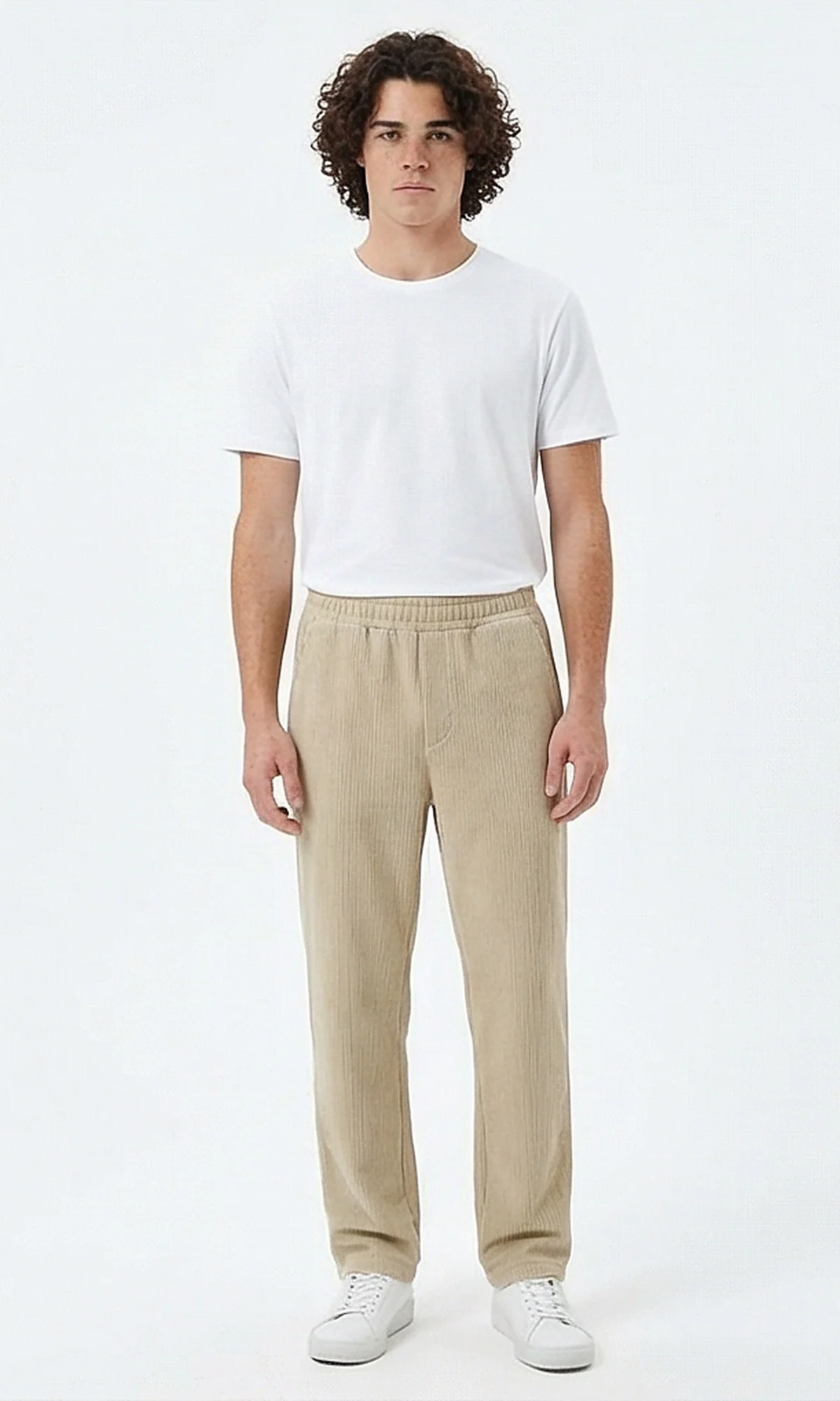 Beige Ribbed Elastic-Waist Casual Trousers - Image 3