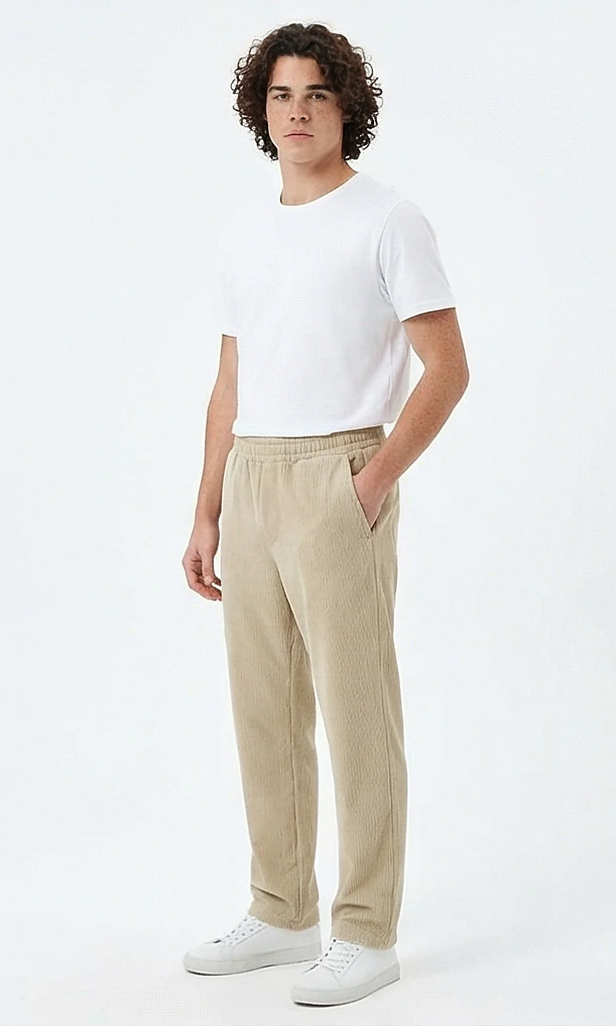 Beige Ribbed Elastic-Waist Casual Trousers - Image 4