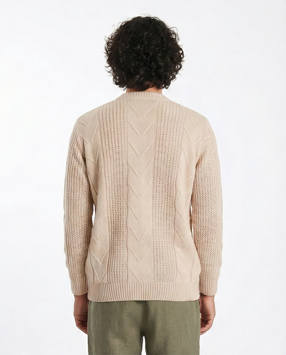 Men's Beige Textured Mixed Knit Crew Neck Pullover - O201236 - Image 2