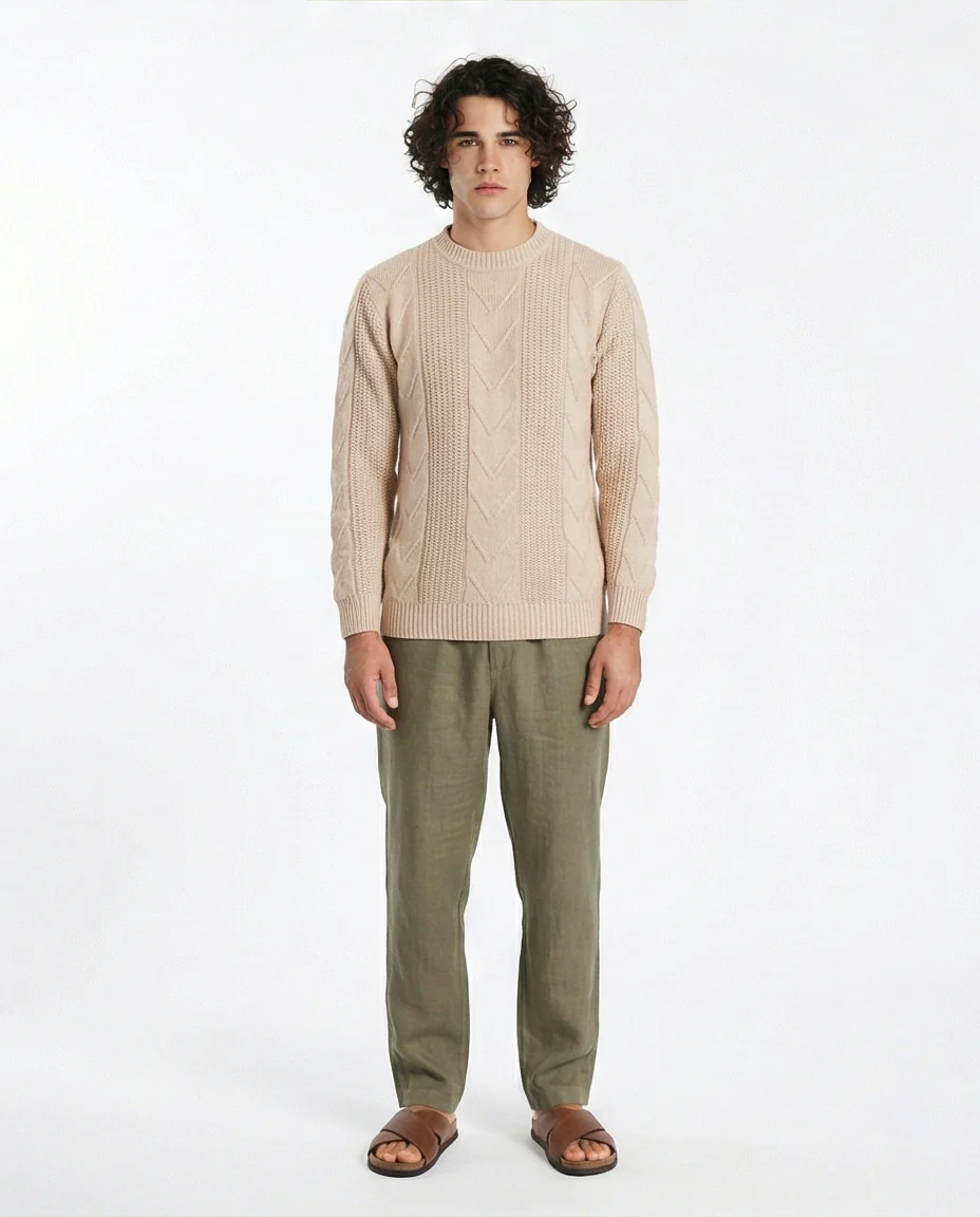 Men's Beige Textured Mixed Knit Crew Neck Pullover - O201236 - Image 3