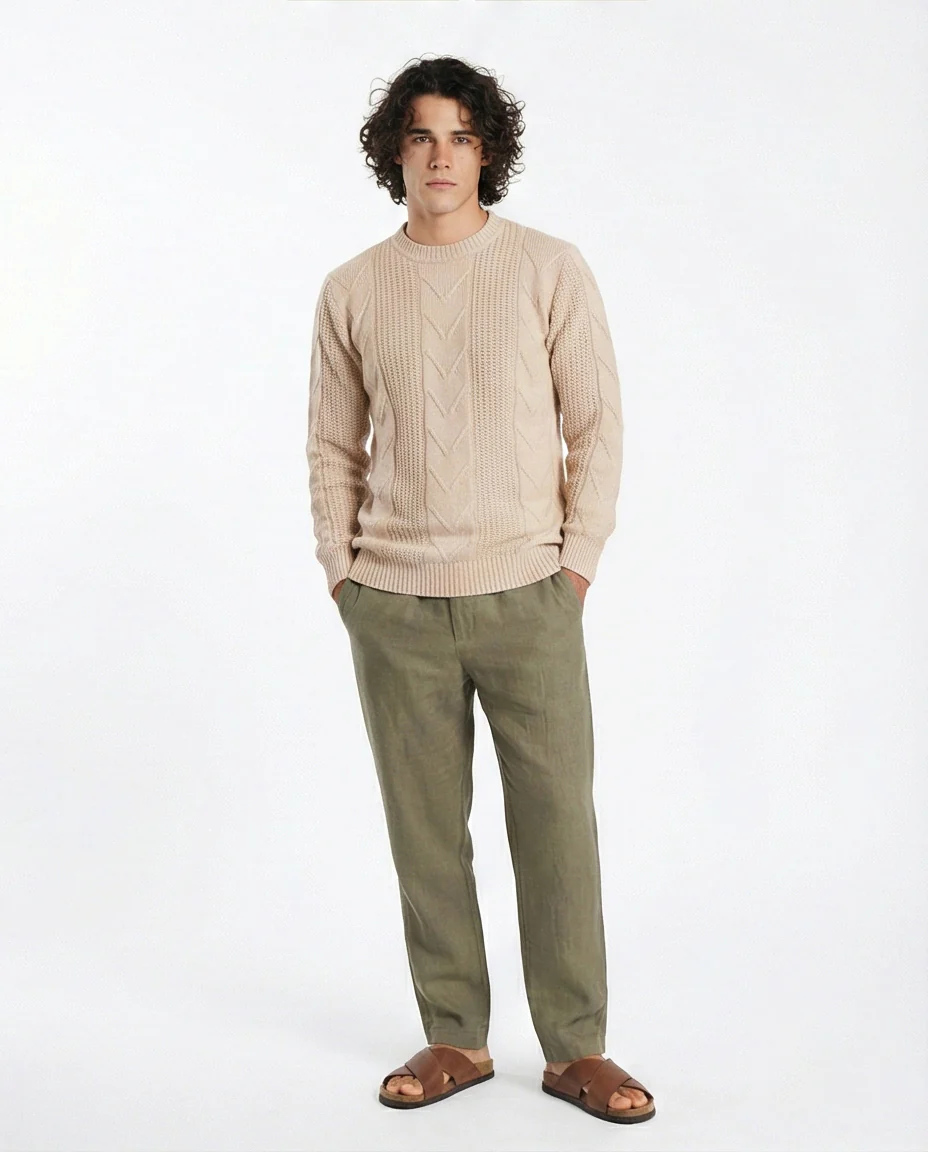 Men's Beige Textured Mixed Knit Crew Neck Pullover - O201236 - Image 4