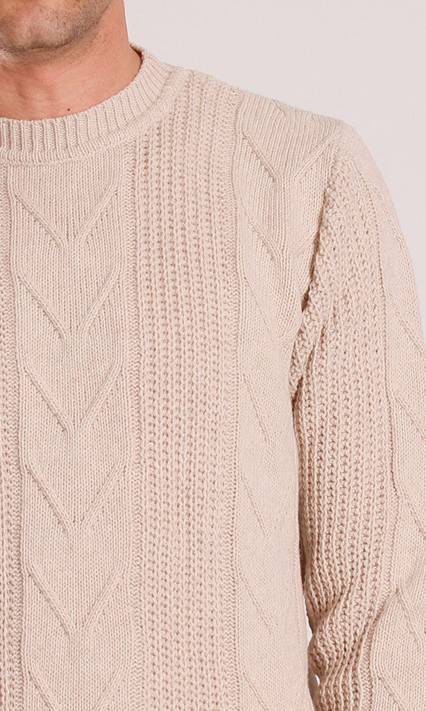 Men's Beige Textured Mixed Knit Crew Neck Pullover - O201236 - Image 5