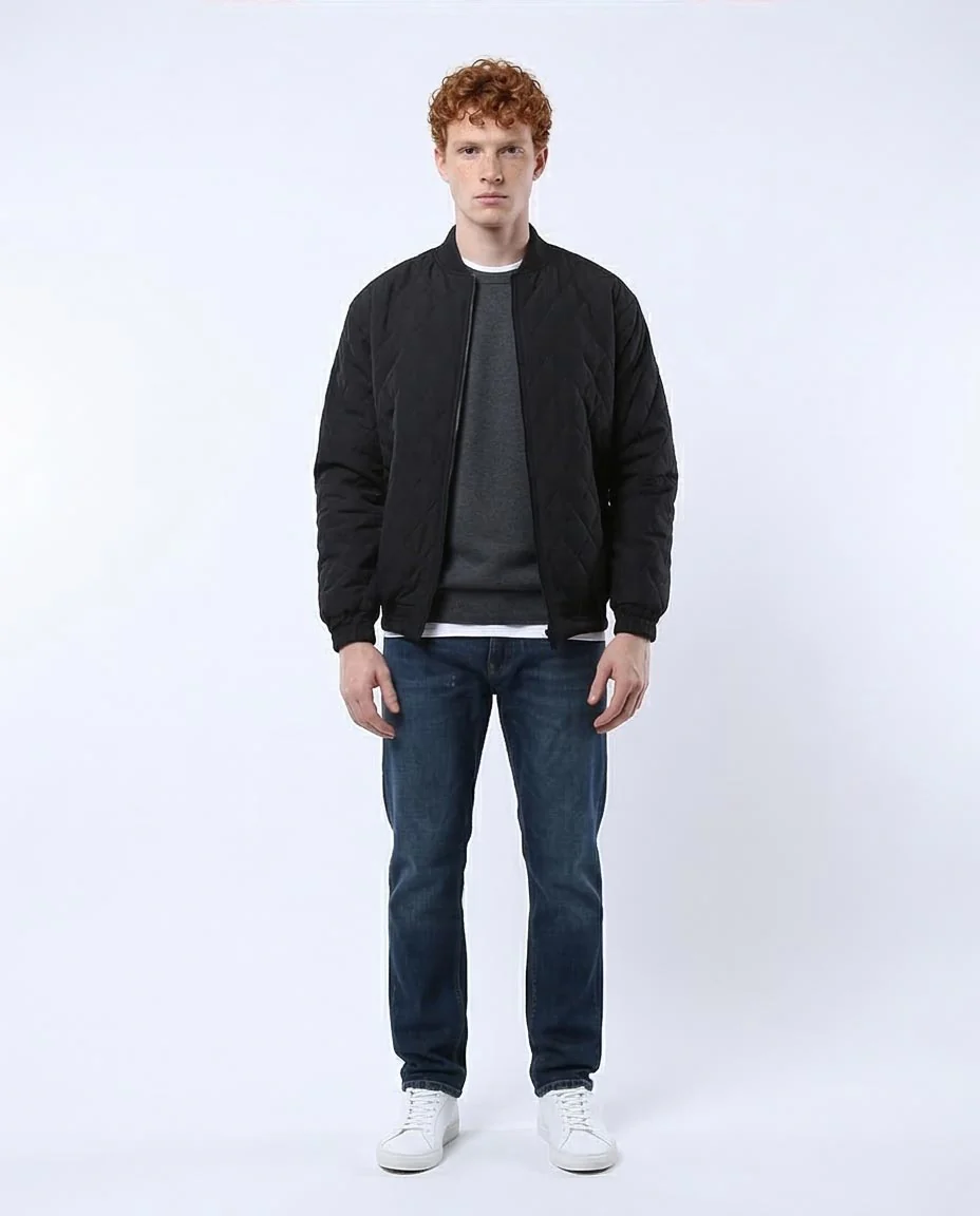 Men's Black Diamond Quilted Bomber Jacket - O175349 - Image 3