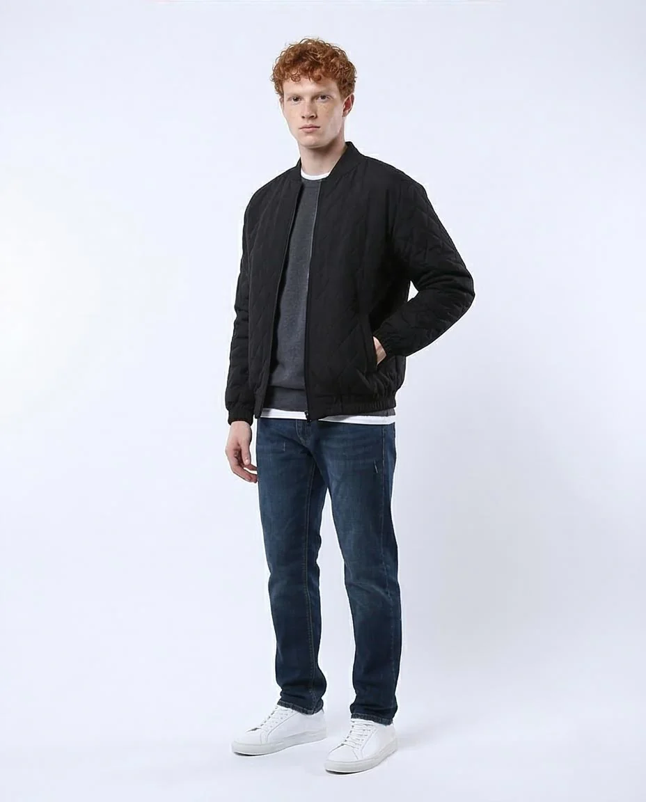 Men's Black Diamond Quilted Bomber Jacket - O175349 - Image 5