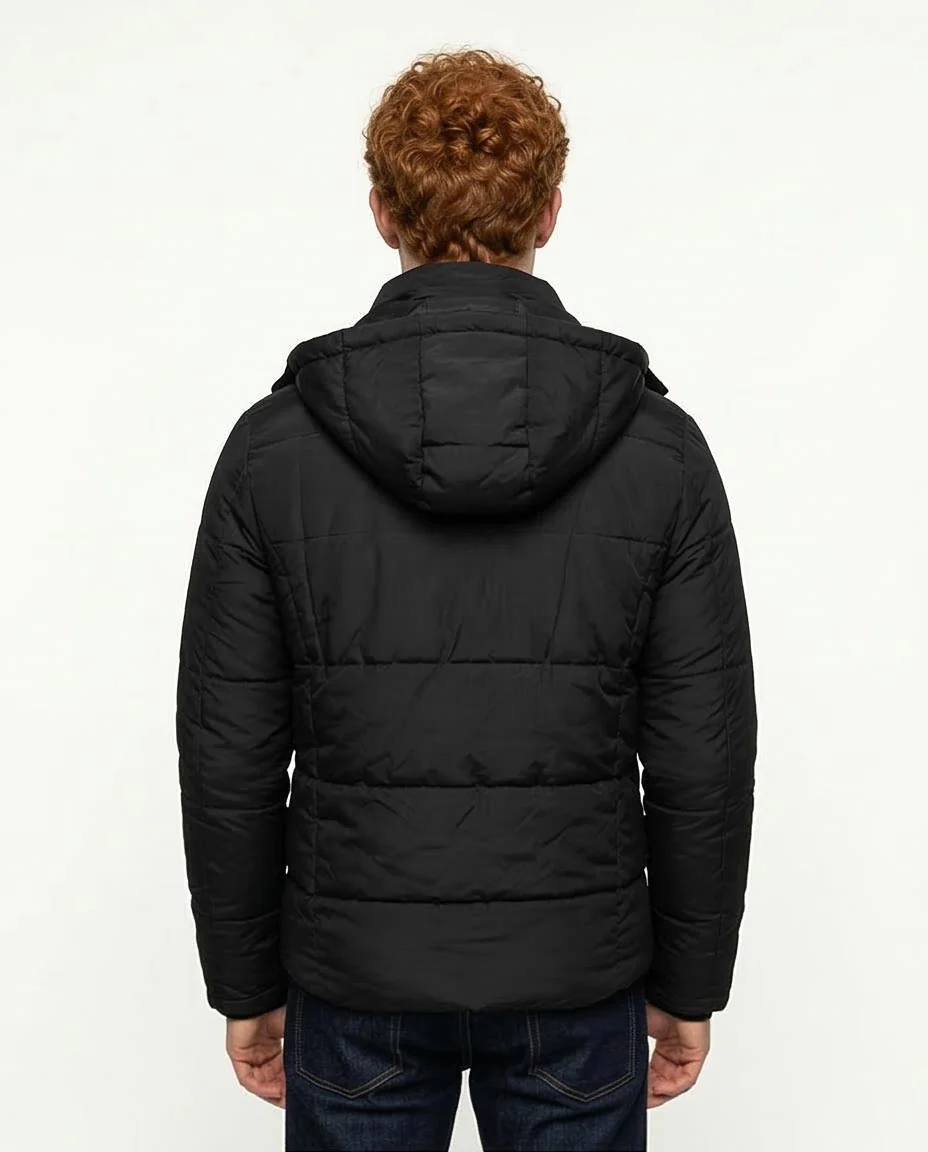 Men's Black Hooded Quilted Puffer Jacket - R206831 - Image 2