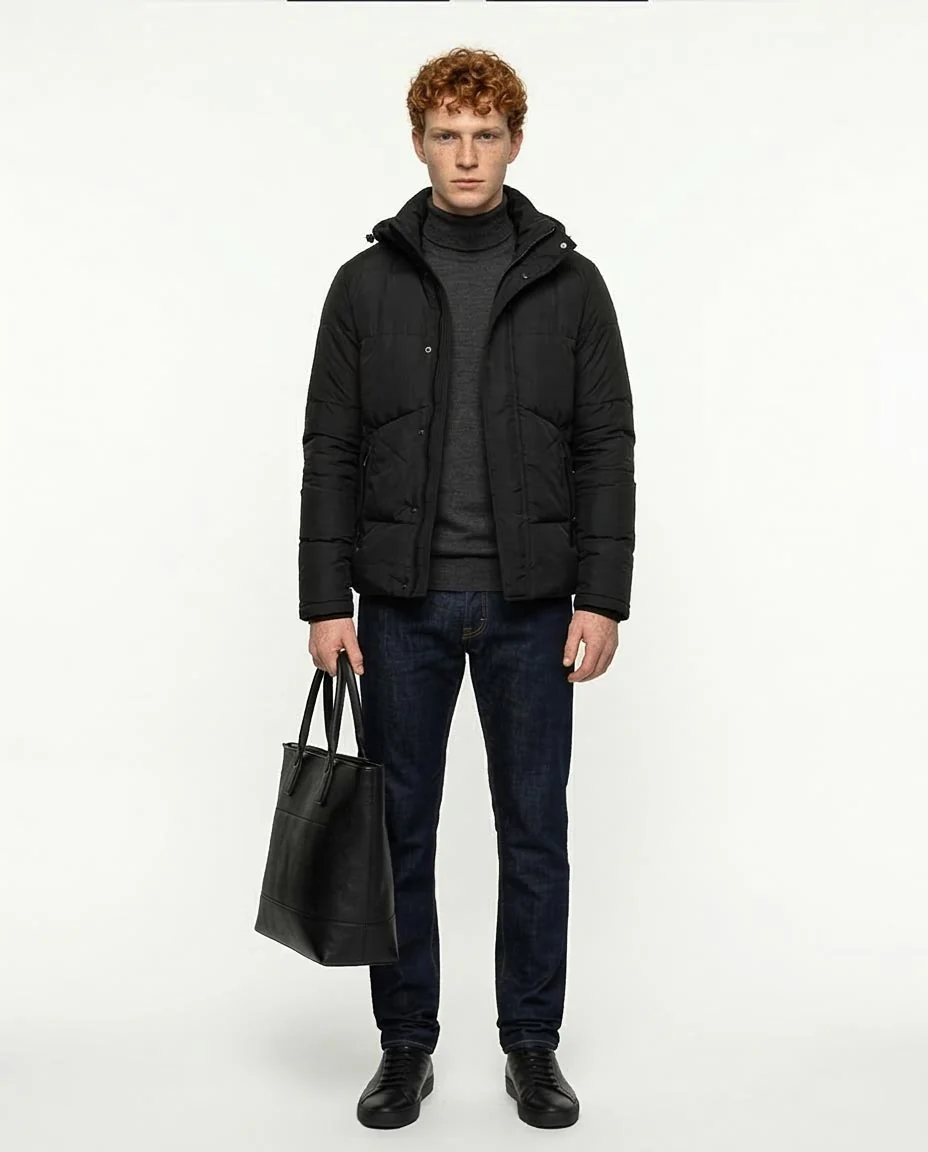 Men's Black Hooded Quilted Puffer Jacket - R206831 - Image 3