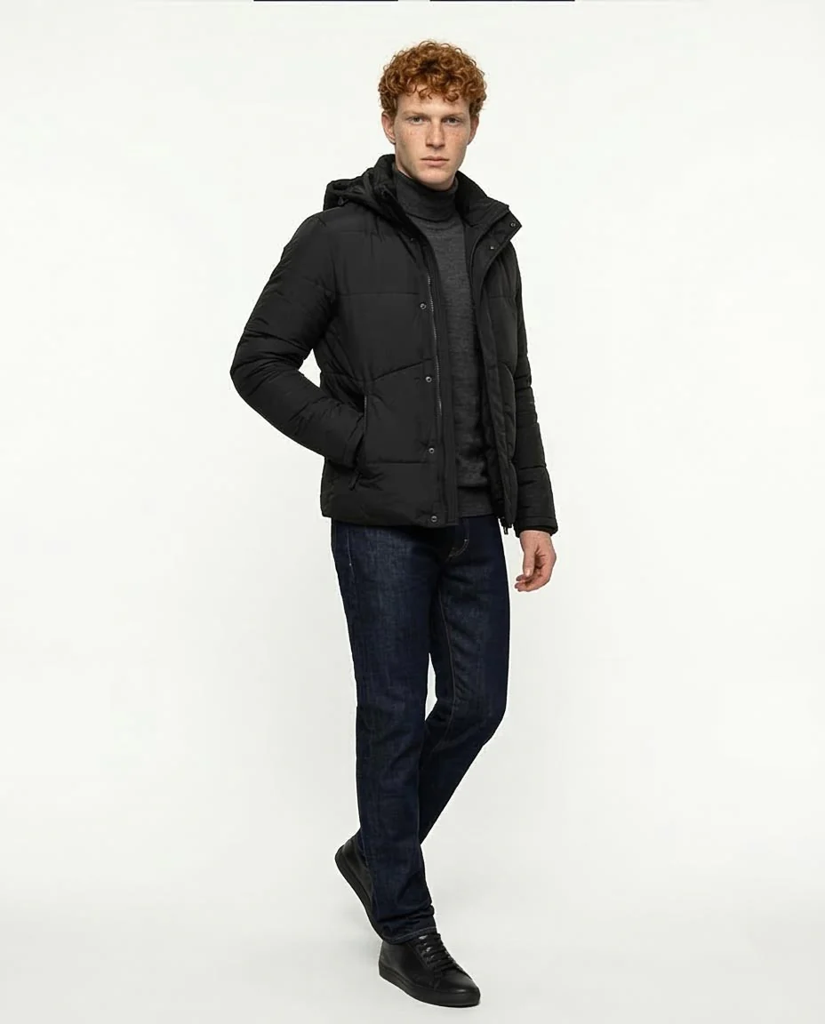 Men's Black Hooded Quilted Puffer Jacket - R206831 - Image 4