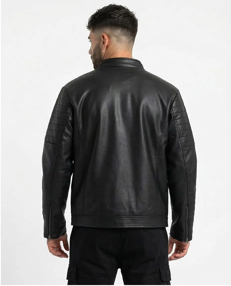 Men's Black Quilted Detail Faux Leather Racer Jacket - O156165 - Image 2