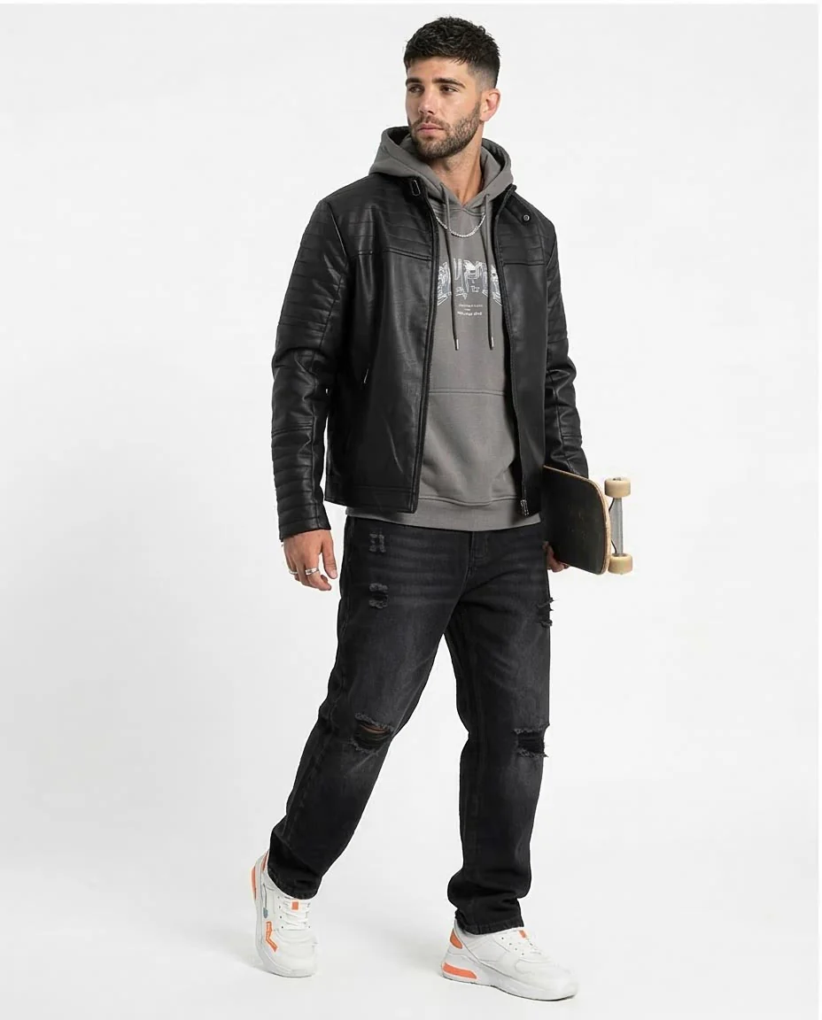 Men's Black Quilted Detail Faux Leather Racer Jacket - O156165 - Image 3