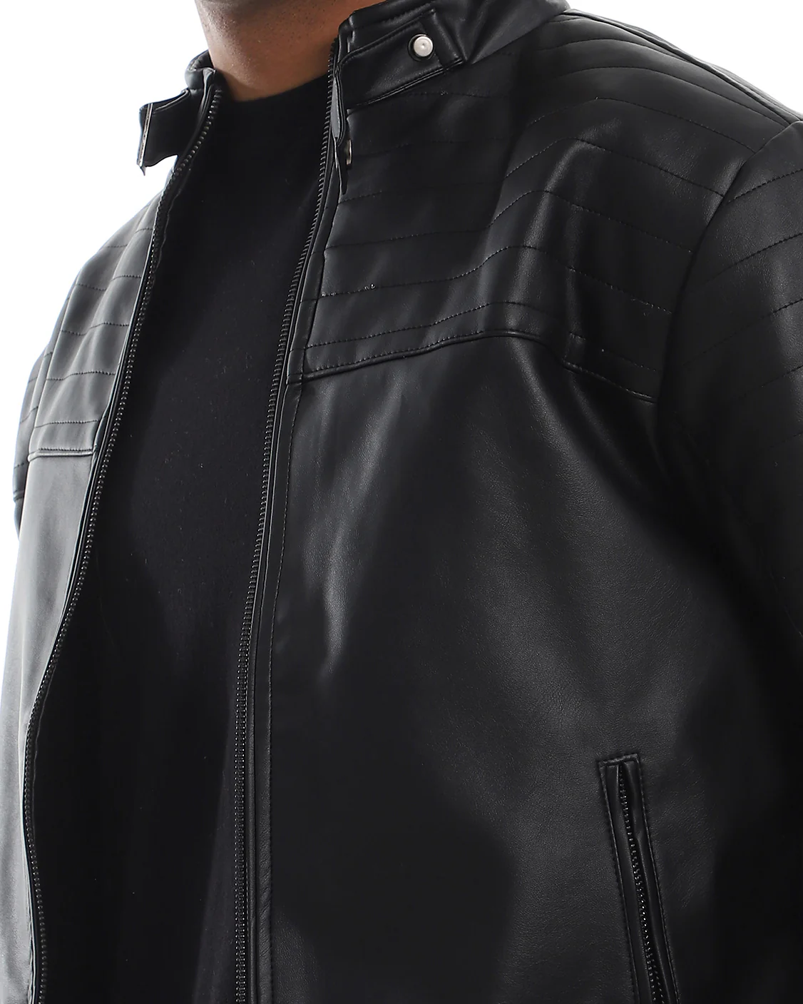 Men's Black Quilted Detail Faux Leather Racer Jacket - O156165 - Image 4