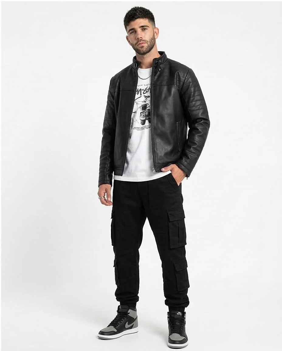 Men's Black Quilted Detail Faux Leather Racer Jacket - O156165 - Image 5
