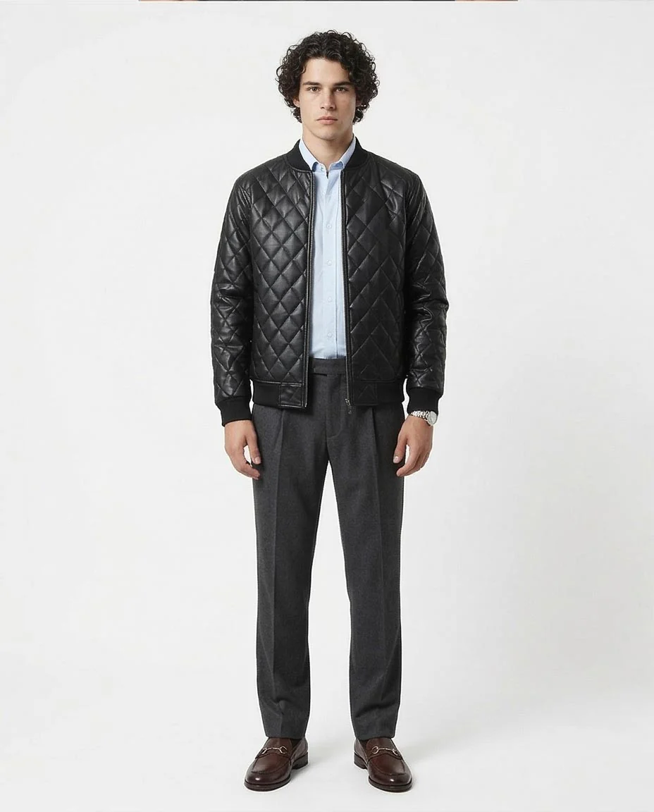 Black Quilted Leather-Look Bomber Jacket - O176027 - Image 3