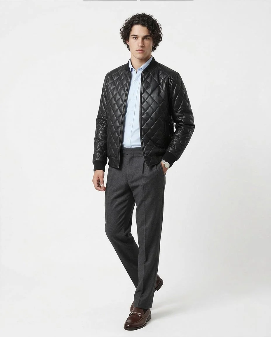 Black Quilted Leather-Look Bomber Jacket - O176027 - Image 4
