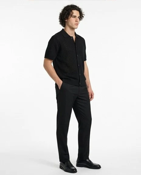 Men's Black Textured Open-Knit Button-Down Shirt - Image 3