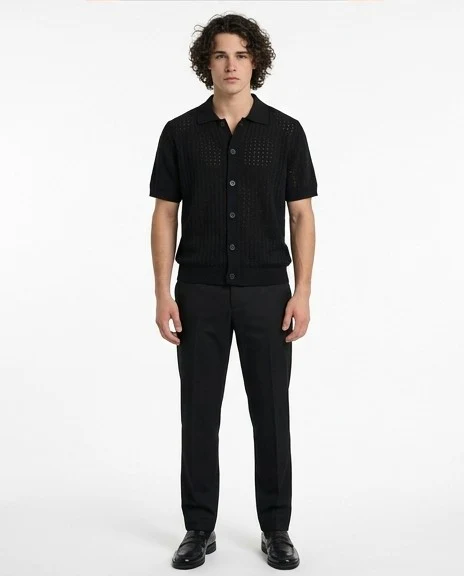 Men's Black Textured Open-Knit Button-Down Shirt - Image 4