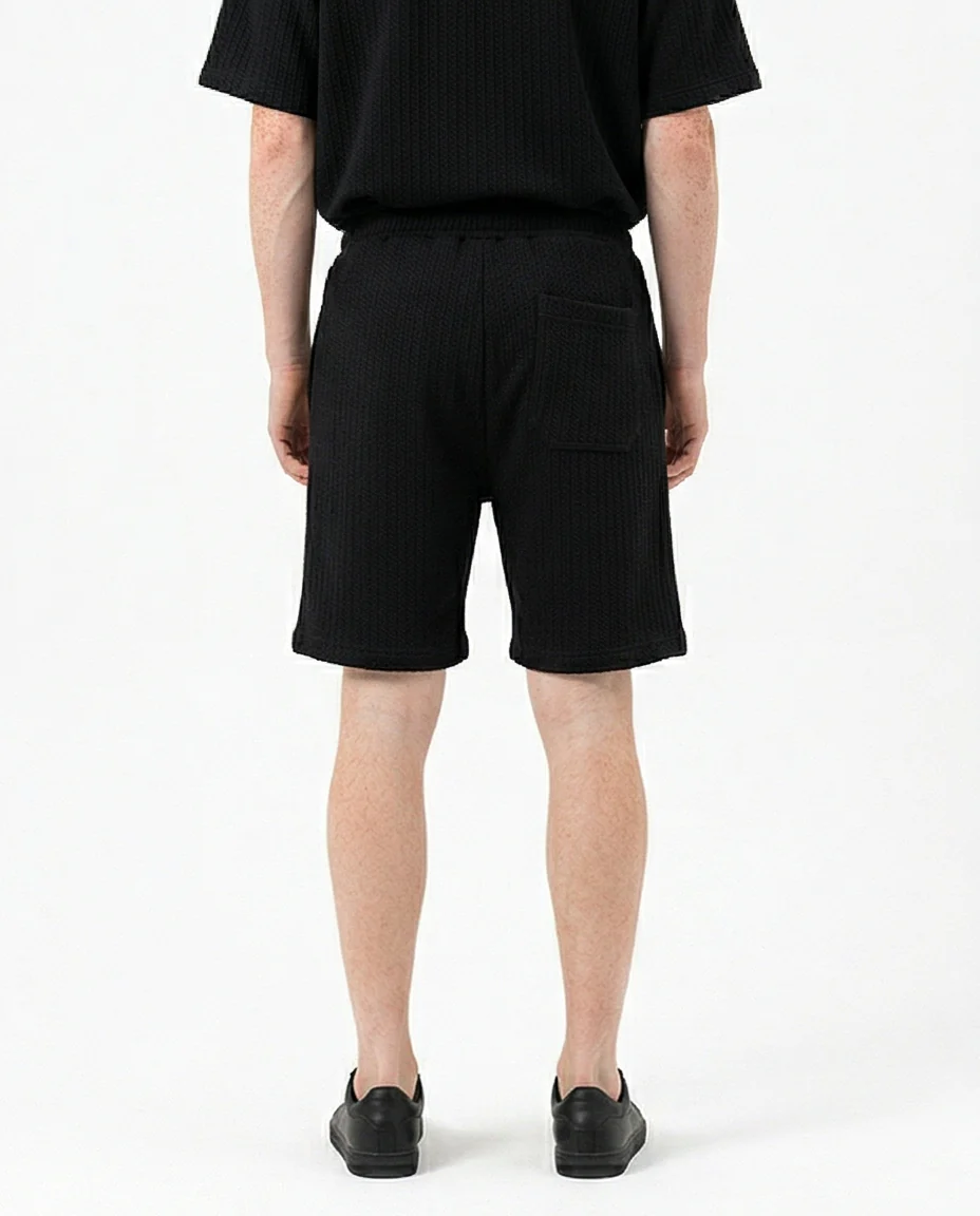 Men's Black Textured Waffle Knit Relaxed Shorts - R217790 - Image 2