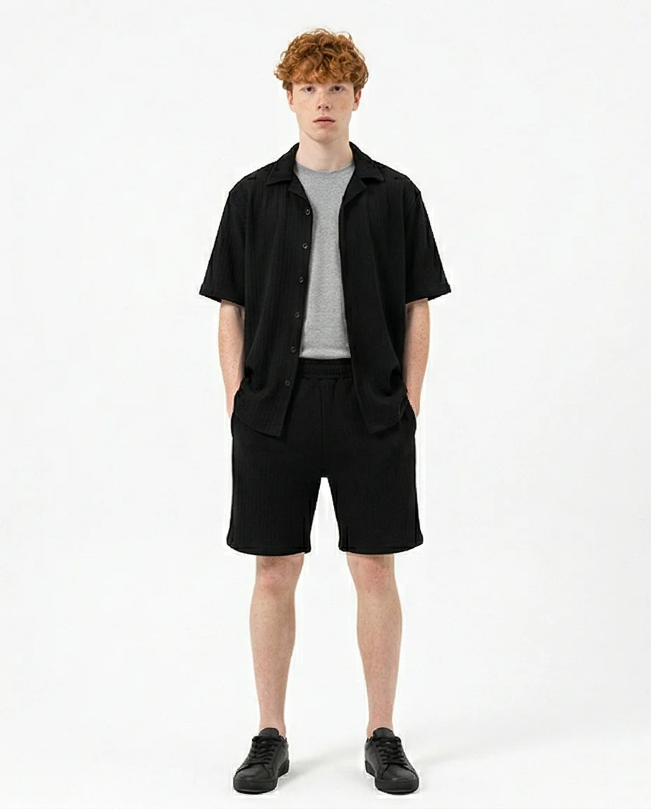 Men's Black Textured Waffle Knit Relaxed Shorts - R217790 - Image 3