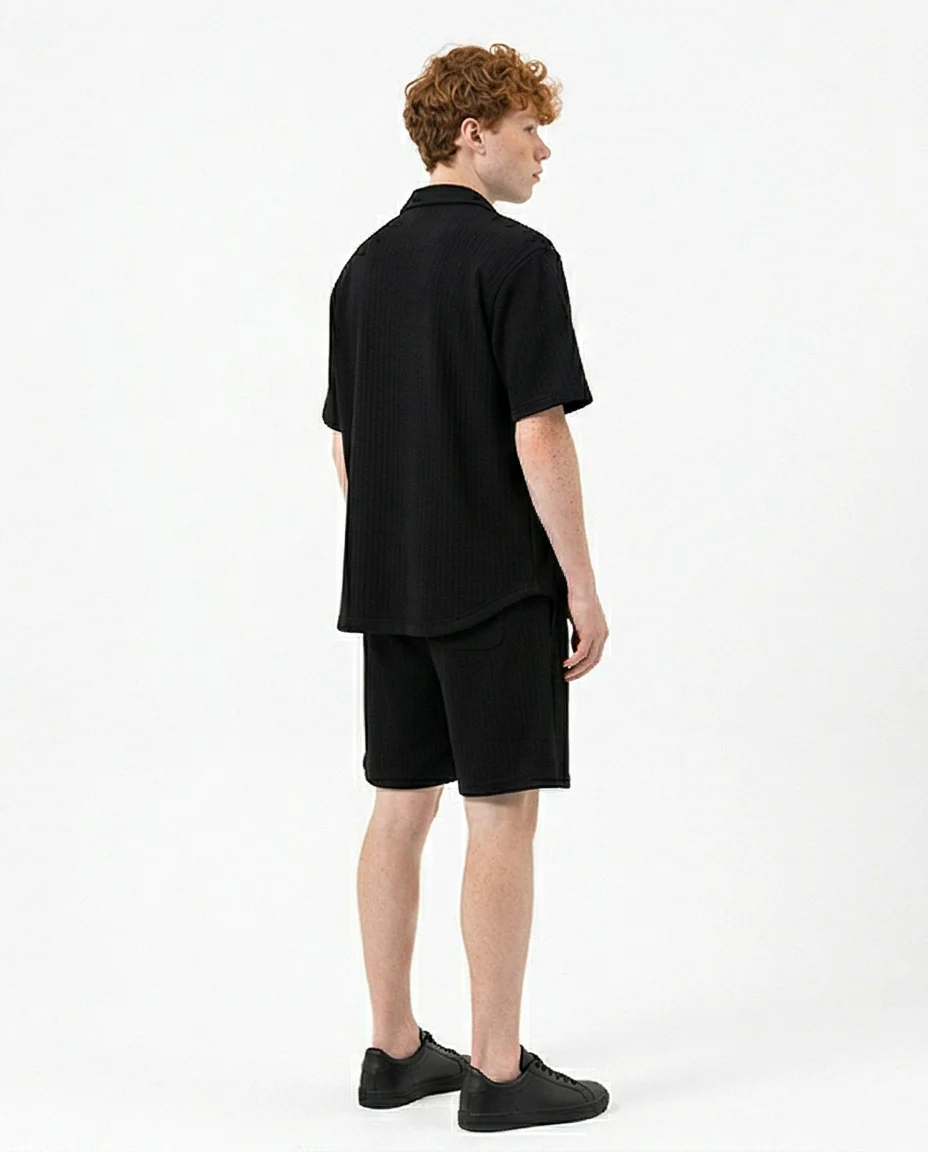 Men's Black Textured Waffle Knit Relaxed Shorts - R217790 - Image 4