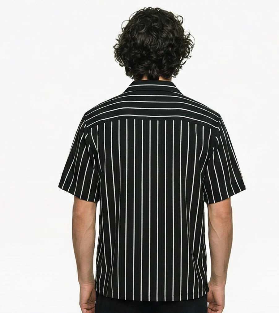 Men's Black & White Vertical Striped Camp Collar Shirt - R217164 - Image 2