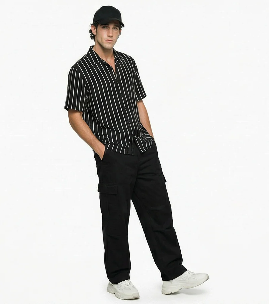 Men's Black & White Vertical Striped Camp Collar Shirt - R217164 - Image 3