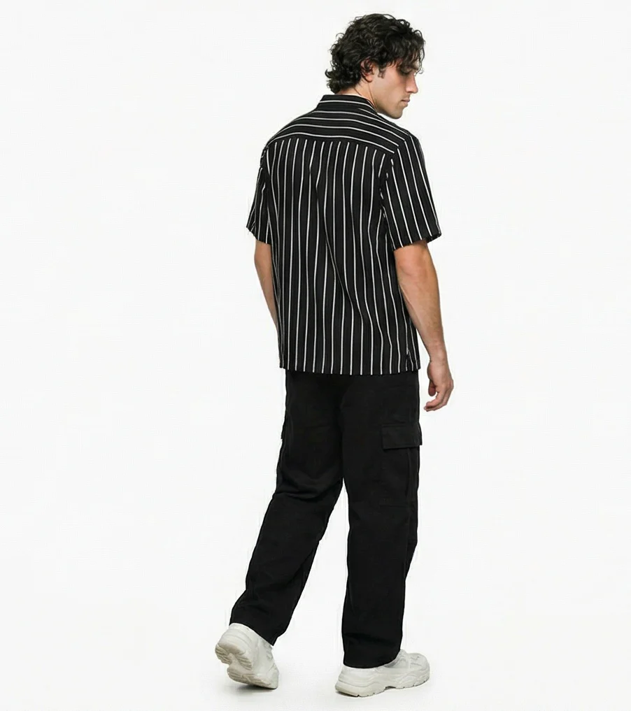 Men's Black & White Vertical Striped Camp Collar Shirt - R217164 - Image 4